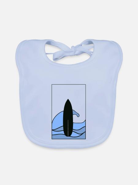 T-Shirt Surf Board with Wave in Frame - Organic Baby Bibs - sky blue - Front