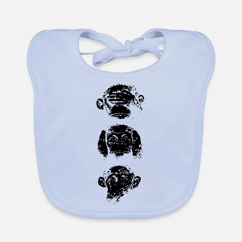Trois singes - noir - Bavoir bio Bébé - bleu ciel