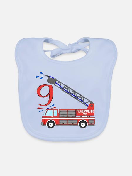 Camion de pompiers 9e anniversaire - Bavoir bio Bébé - bleu ciel - Devant