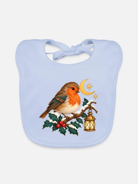 Weihnachtsvogel zwischen verschneiten Ästen - Baby Bio-Lätzchen - sky Blue - Vorne