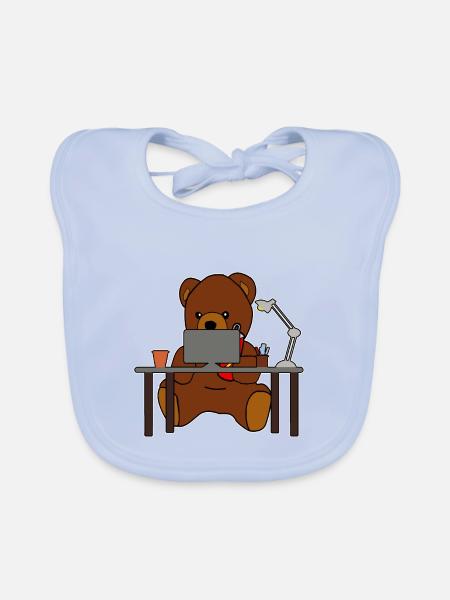 Niedlicher Teddybär am Schreibtisch im Büro - Baby Bio-Lätzchen - sky Blue - Vorne