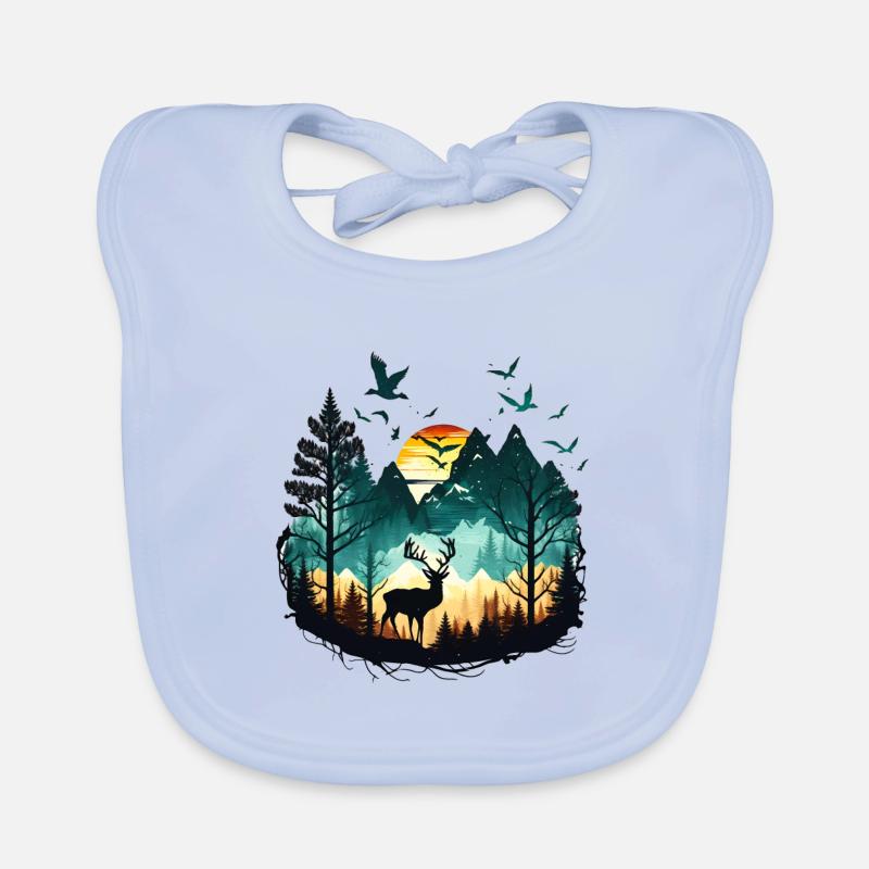 Landschaft Hirsch | Berge | Sonne - Baby Bio-Lätzchen - sky Blue