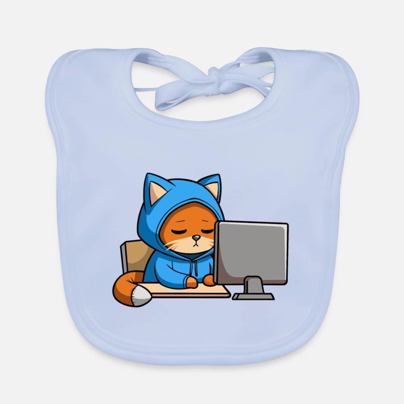 Un chat hacker mignon dort dans un sweat à capuche devant le PC Bavoir bio Bébé