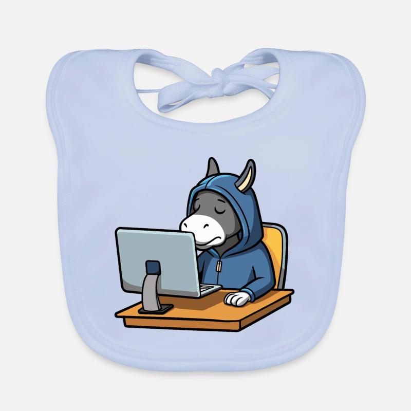 Un mignon âne hacker dort dans un sweat à capuche devant le PC Bavoir bio Bébé