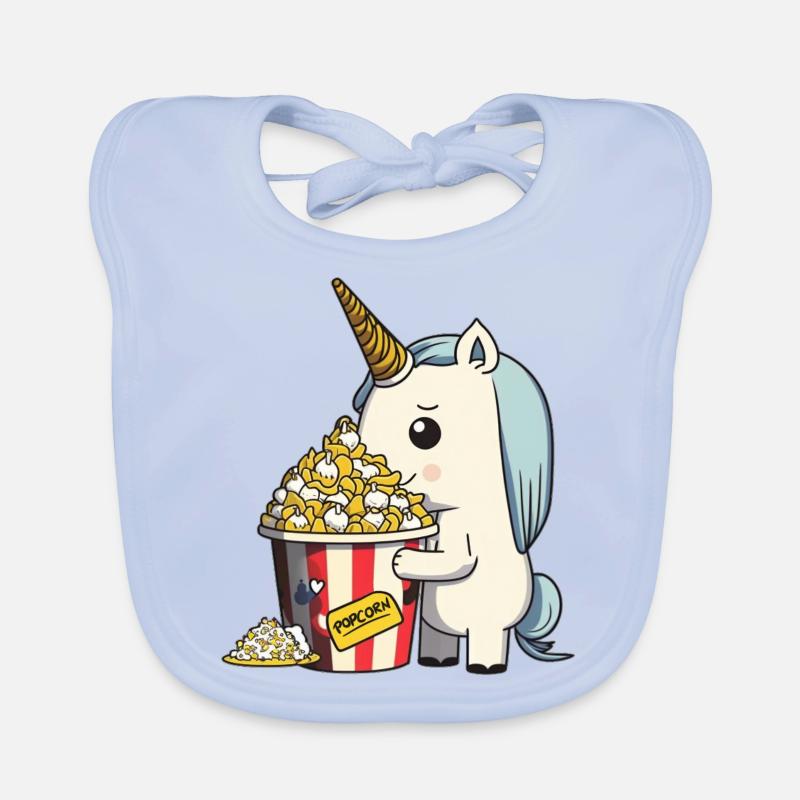 Buntes, süßes Einhorn isst leckeres Butter-Popcorn Baby Bio-Lätzchen