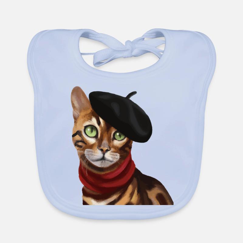Chat Bengale avec casquette et écharpe - Bavoir bio Bébé - bleu ciel