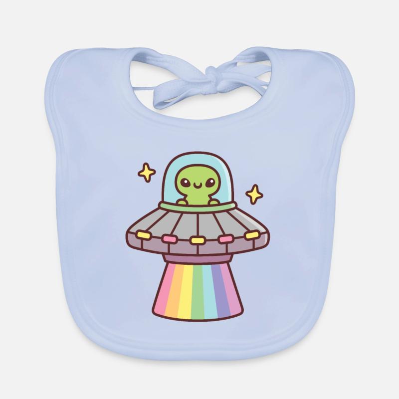 Süßes Alien im UFO-Raumschiff mit Regenbogenstrahl Baby Bio-Lätzchen