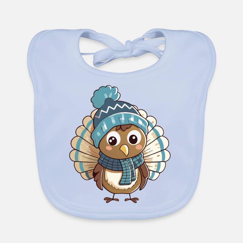 Dinde mignonne avec écharpe et chapeau à pompon. Bavoir bio Bébé