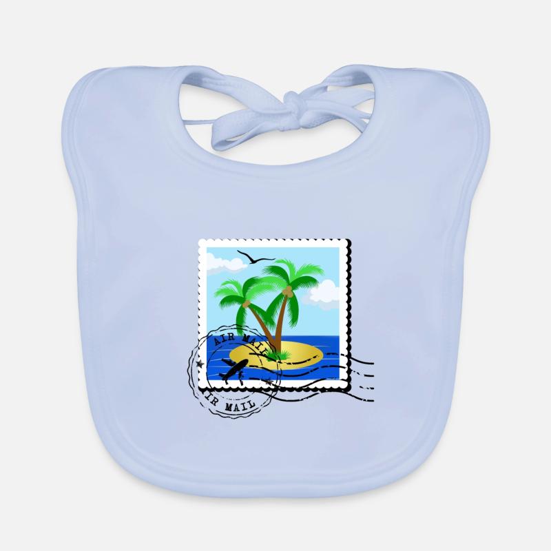 Timbre-poste avec palmier sur l’île déserte et timbre Bavoir bio Bébé