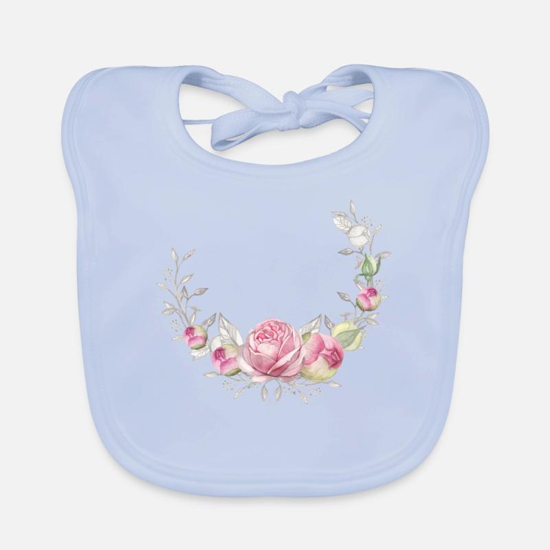 Blumenkranz mit Rosen, personalisierbar - Baby Bio-Lätzchen - sky Blue