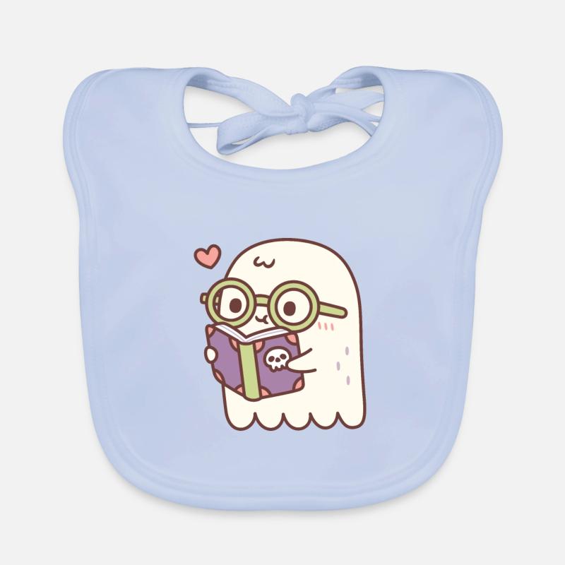 Niedlicher Geist, der ein Buch mit einem Totenkopf liest Baby Bio-Lätzchen