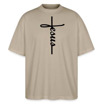 Jesus - Stanley/Stella Oversized Unisex Bio T-Shirt Blaster 2.0 - Steingrau - Vorne - Alina (178cm) & Michal (187cm)