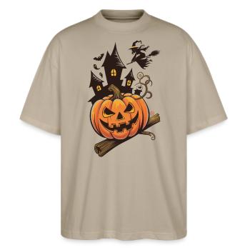 Halloween Kürbis - Stanley/Stella Oversized Unisex Bio T-Shirt Blaster 2.0 - Steingrau - Vorne - Alina (178cm) & Michal (187cm)