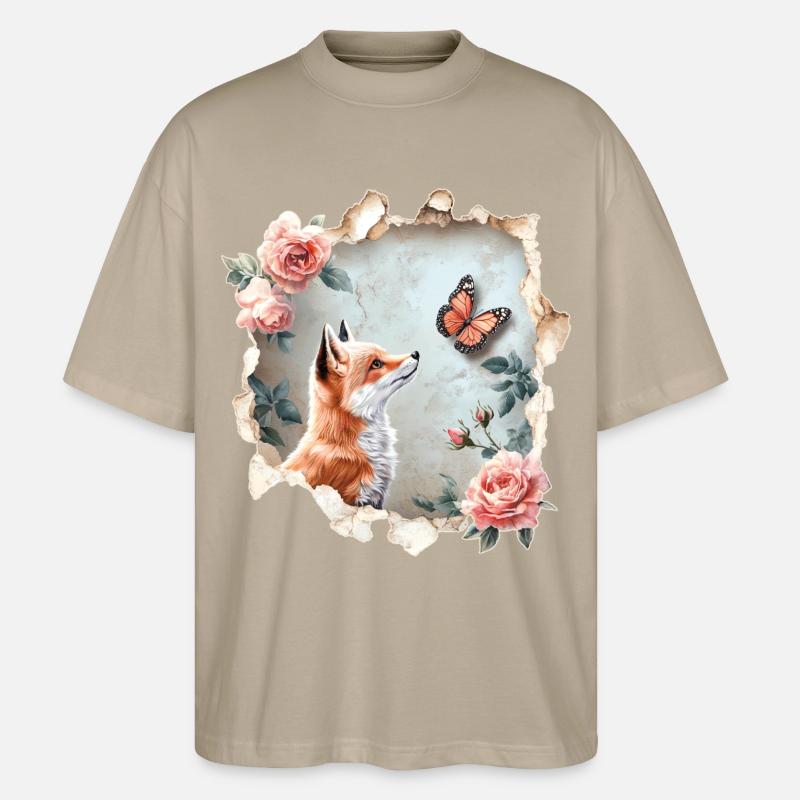 Fuchs mit Schmetterling - Stanley/Stella Oversized Unisex Bio T-Shirt Blaster 2.0 - Steingrau