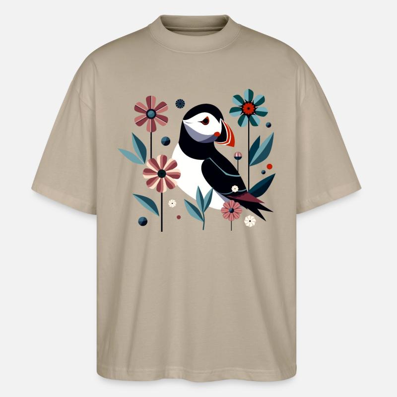Papageitaucher mit Blumen - Stanley/Stella Oversized Unisex Bio T-Shirt Blaster 2.0 - Steingrau
