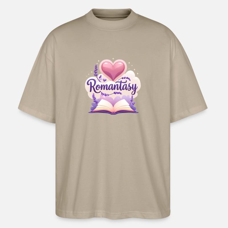 Romantasy Buch mit Lavendel & Blumen Design - Stanley/Stella Oversized Unisex Bio T-Shirt Blaster 2.0 - Steingrau