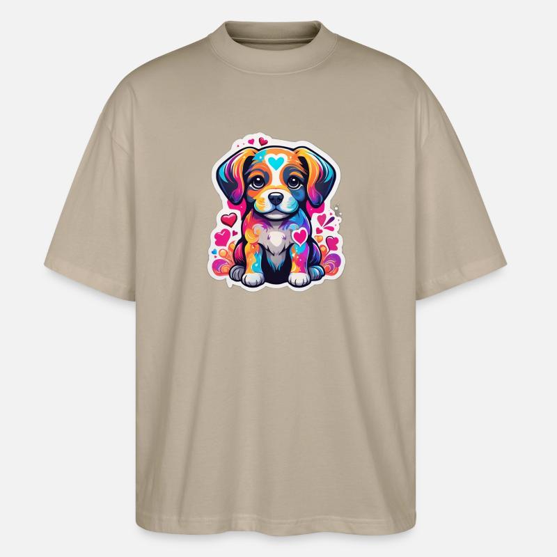 Chiot arc ciel coeur joyeux - T-shirt bio Blaster 2.0 coupe oversize Stanley/Stella Unisexe - gris pierre