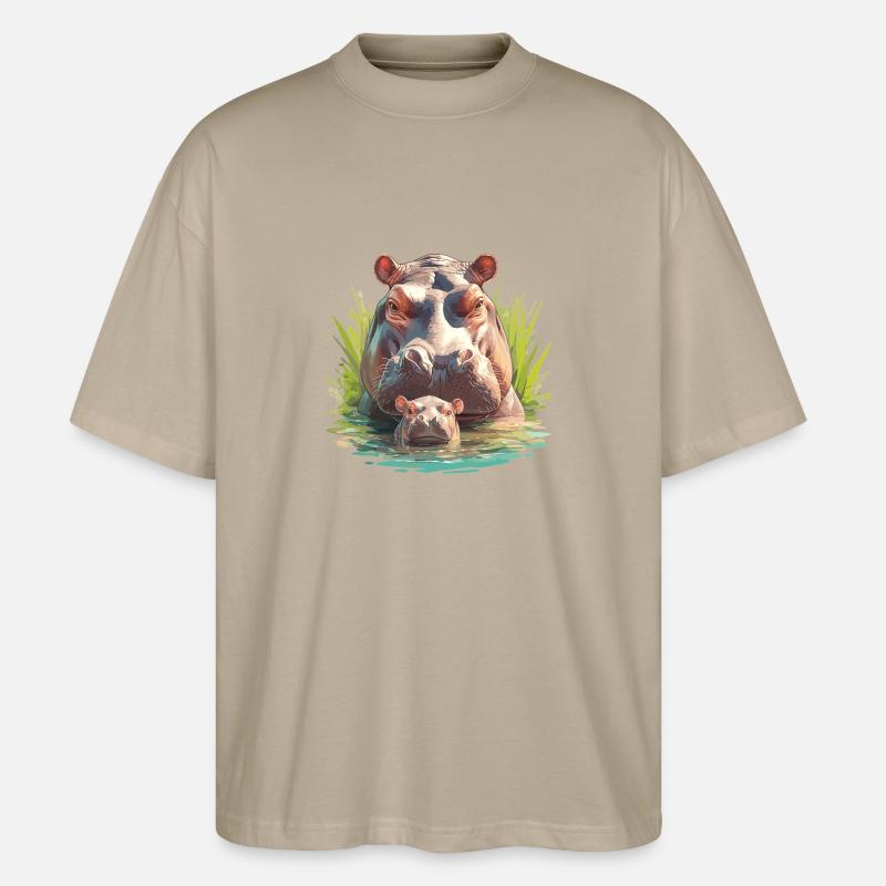 Nilpferd Flußpferd - Stanley/Stella Oversized Unisex Bio T-Shirt Blaster 2.0 - Steingrau