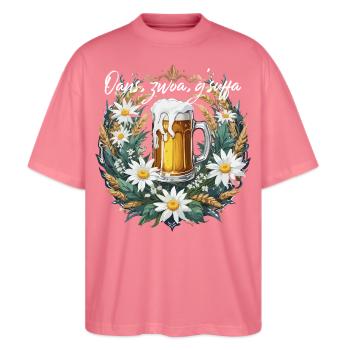 Oans, zwoa, g'suffa Bierspruch Volksfest Dirndl - Stanley/Stella Oversized Unisex Bio T-Shirt Blaster 2.0 - Pink  - Vorne - Alina (178cm) & Michal (187cm)