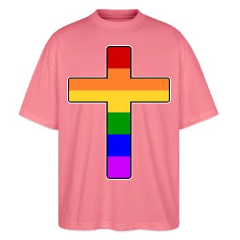 Kreuz Regenbogen - Stanley/Stella Oversized Unisex Bio T-Shirt Blaster 2.0 - Pink  - Vorne - Alina (178cm) & Michal (187cm)