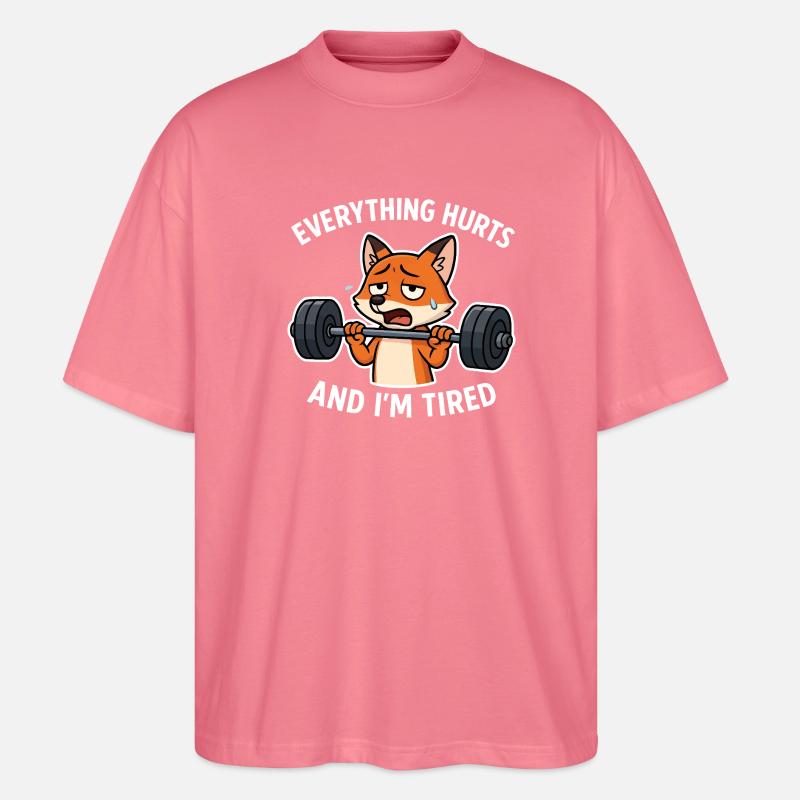 Exhausted Fox Lifting Weights Illustration - Stanley/Stella Oversized Unisex Organic T-shirt Blaster 2.0 - pink joy