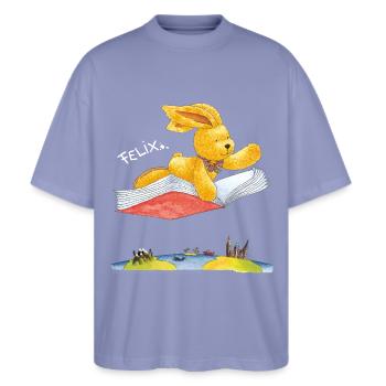 Felix der Hase Fliegendes Buch - Stanley/Stella Oversized Unisex Bio T-Shirt Blaster 2.0 - Violett - Vorne - Alina (178cm) & Michal (187cm)
