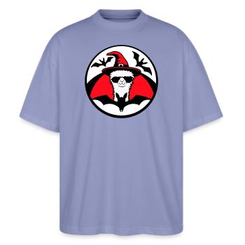 Lama Halloween Hexe Hut Fledermaus Cool Alpaka Süß - Stanley/Stella Oversized Unisex Bio T-Shirt Blaster 2.0 - Violett - Vorne - Alina (178cm) & Michal (187cm)