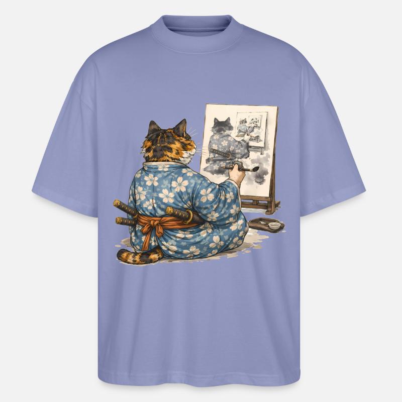 Samurai-Katzen-Malerei Sumi-e Ukiyo-e Kunst - Stanley/Stella Oversized Unisex Bio T-Shirt Blaster 2.0 - Violett