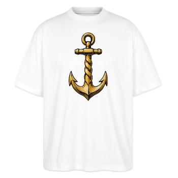 Goldanker mit Seil – Nautischer Vintage-Stil - Stanley/Stella Oversized Unisex Bio T-Shirt Blaster 2.0 - Weiß - Vorne - Alina (178cm) & Michal (187cm)