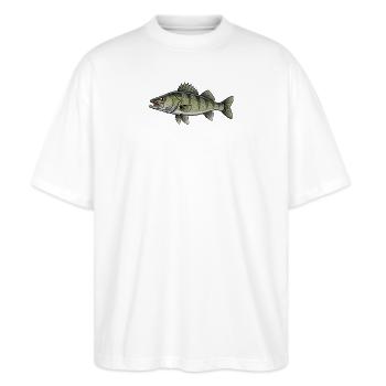 Zander Raubfisch Angeln - Stanley/Stella Oversized Unisex Bio T-Shirt Blaster 2.0 - Weiß - Vorne - Alina (178cm) & Michal (187cm)