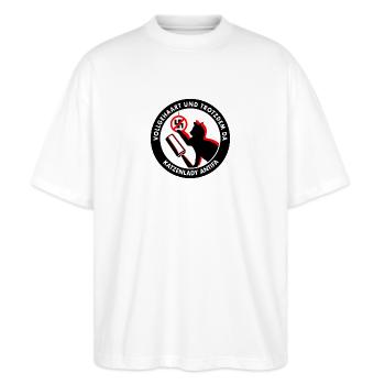 Vollgehaart und trotzdem da: KATZENLADY ANTIFA - Stanley/Stella Oversized Unisex Bio T-Shirt Blaster 2.0 - Weiß - Vorne - Alina (178cm) & Michal (187cm)