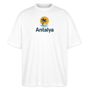 Antalya Palmenstrand Sonnenlogo - Stanley/Stella Oversized Unisex Bio T-Shirt Blaster 2.0 - Weiß - Vorne - Alina (178cm) & Michal (187cm)