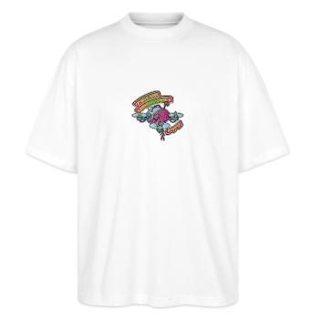 Team AMNESIA - Stanley/Stella Oversized Unisex Bio T-Shirt Blaster 2.0 - Weiß - Vorne - Alina (178cm) & Michal (187cm)