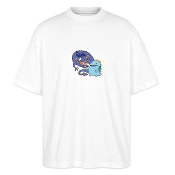 derpy Dragons - Stanley/Stella Oversized Unisex Bio T-Shirt Blaster 2.0 - Weiß - Vorne - Alina (178cm) & Michal (187cm)