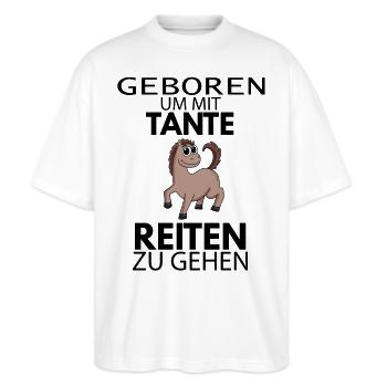 Tante Reiten Baby Strampler Pferd - Stanley/Stella Oversized Unisex Bio T-Shirt Blaster 2.0 - Weiß - Vorne - Alina (178cm) & Michal (187cm)