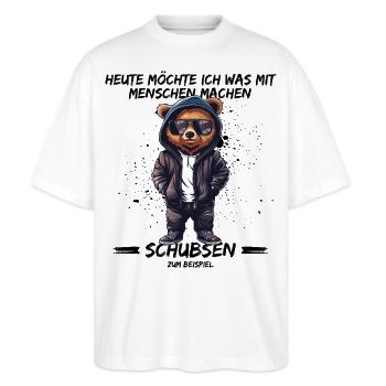 Heute möchte ich was mit Menschen machen, Schubsen - Stanley/Stella Oversized Unisex Bio T-Shirt Blaster 2.0 - Weiß - Vorne - Alina (178cm) & Michal (187cm)