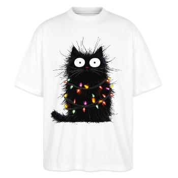 Lustige Katze Weihnachtsbaum Lichterkette Geschenk - Stanley/Stella Oversized Unisex Bio T-Shirt Blaster 2.0 - Weiß - Vorne - Alina (178cm) & Michal (187cm)