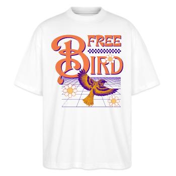 Free Bird – Bunter Retro-Vogel - Stanley/Stella Oversized Unisex Bio T-Shirt Blaster 2.0 - Weiß - Vorne - Alina (178cm) & Michal (187cm)