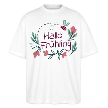 Hallo Frühling Blütenkranz mit Biene - Stanley/Stella Oversized Unisex Bio T-Shirt Blaster 2.0 - Weiß - Vorne - Alina (178cm) & Michal (187cm)