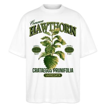 Common Hawthorn Botanical Art - Stanley/Stella Oversized Unisex Bio T-Shirt Blaster 2.0 - Weiß - Vorne - Alina (178cm) & Michal (187cm)