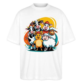 Liebliche Bauernhoftiere in Cartoon-Style - Stanley/Stella Oversized Unisex Bio T-Shirt Blaster 2.0 - Weiß - Vorne - Alina (178cm) & Michal (187cm)
