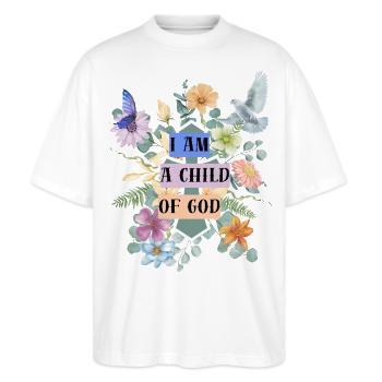 I Am a Child of God – Floral Faith Design - Stanley/Stella Oversized Unisex Bio T-Shirt Blaster 2.0 - Weiß - Vorne - Alina (178cm) & Michal (187cm)