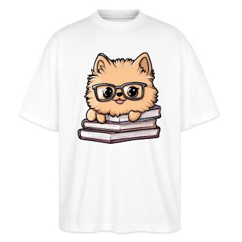 Niedliches Pomeranian-Hundelesebuch mit Brille - Stanley/Stella Oversized Unisex Bio T-Shirt Blaster 2.0 - Weiß - Vorne - Alina (178cm) & Michal (187cm)