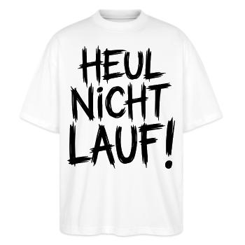 Heul nicht Lauf! - Stanley/Stella Oversized Unisex Bio T-Shirt Blaster 2.0 - Weiß - Vorne - Alina (178cm) & Michal (187cm)