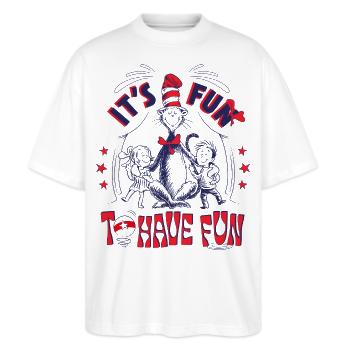 Cat In The Hat Mit Spruch It's Fun To Have Fun  - Stanley/Stella Oversized Unisex Bio T-Shirt Blaster 2.0 - Weiß - Vorne - Alina (178cm) & Michal (187cm)