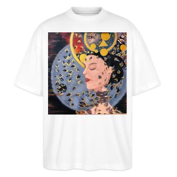 Die goldene Träumerin - Modernes Porträt - Stanley/Stella Oversized Unisex Bio T-Shirt Blaster 2.0 - Weiß - Vorne - Alina (178cm) & Michal (187cm)