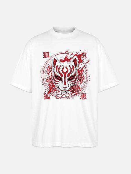 Kitsune Maske Rot-Weiß - Stanley/Stella Oversized Unisex Bio T-Shirt Blaster 2.0 - Weiß