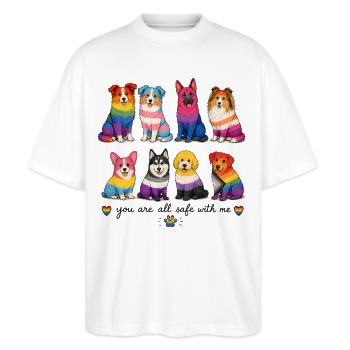 Pride Herding Dogs | You Are All Safe With Me - Stanley/Stella Oversized Unisex Bio T-Shirt Blaster 2.0 - Weiß - Vorne - Alina (178cm) & Michal (187cm)