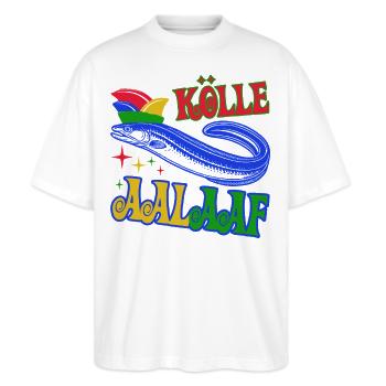 Kölle Aalaaf - Jecker Aal mit Narrenkappe Kostüm - Stanley/Stella Oversized Unisex Bio T-Shirt Blaster 2.0 - Weiß - Vorne - Alina (178cm) & Michal (187cm)