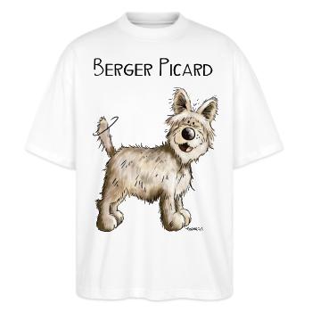 Happy Berger Picard - Hund - Dog - Comic - Stanley/Stella Oversized Unisex Bio T-Shirt Blaster 2.0 - Weiß - Vorne - Alina (178cm) & Michal (187cm)